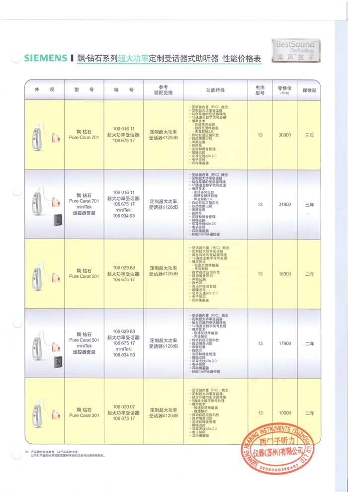 西门子助听器【飘·钻石】系列超大功率定制受话器式助听器 性能价格表￥31900-10900