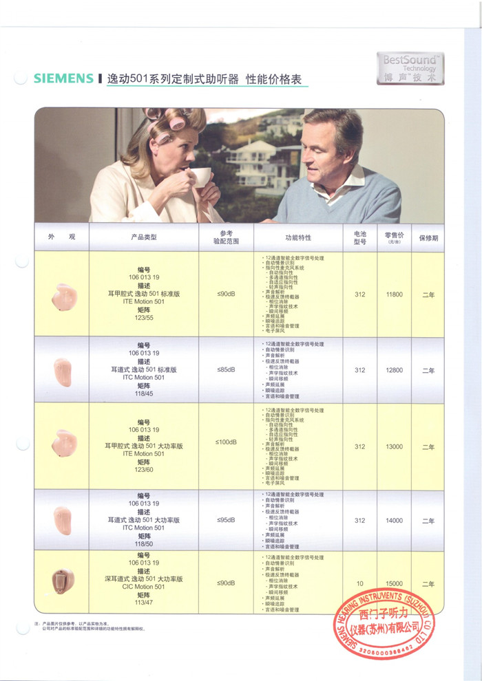 西门子助听器【逸动501】系列定制式助听器 性能价格表 